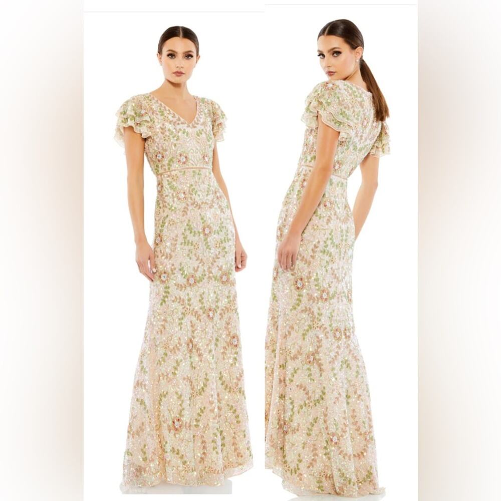 MacDuggal EMBELLISHED RUFFLED CAP SLEEVE V NECK GOWN